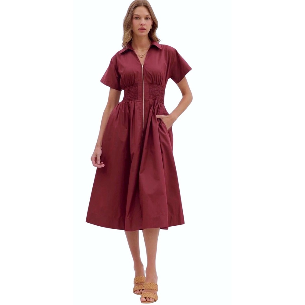Style U Midi Dress Women Small Plum Smocked Waist Zip Front Cotton Puff Sleeve